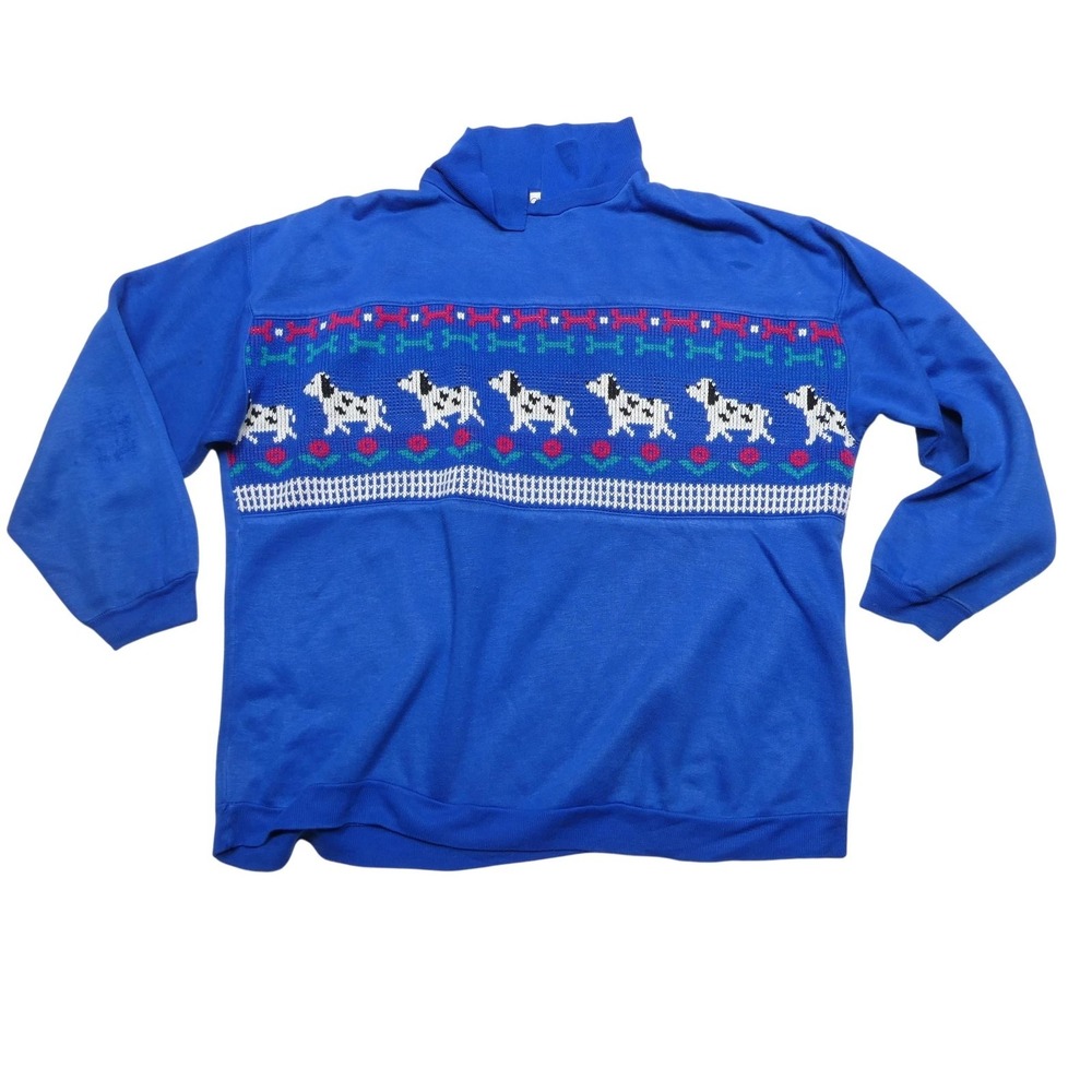 Vintage The Classics By Eileen Sweater Womens M Blue Dog Mock Neck Fleece 90s